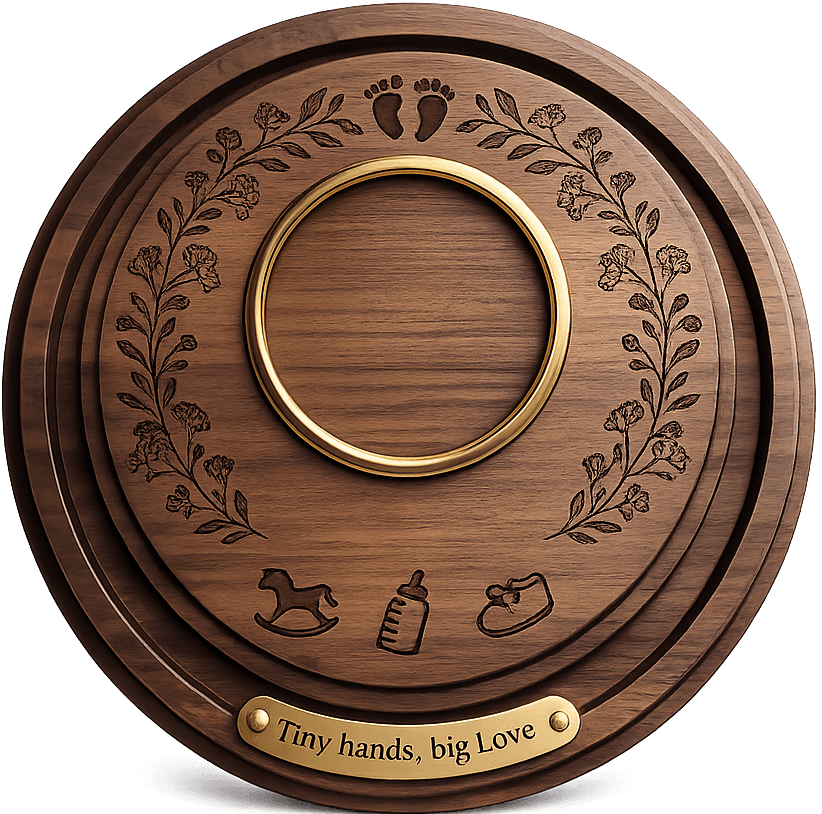 Baby Frame — hand-carved wooden frame with a brass ring, floral carving and an engraved name and date